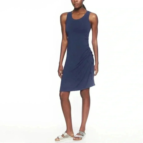Athleta Active Sleeveless tank Dress Side Gather Ruched Midi Navy women’s Small - Picture 1 of 15